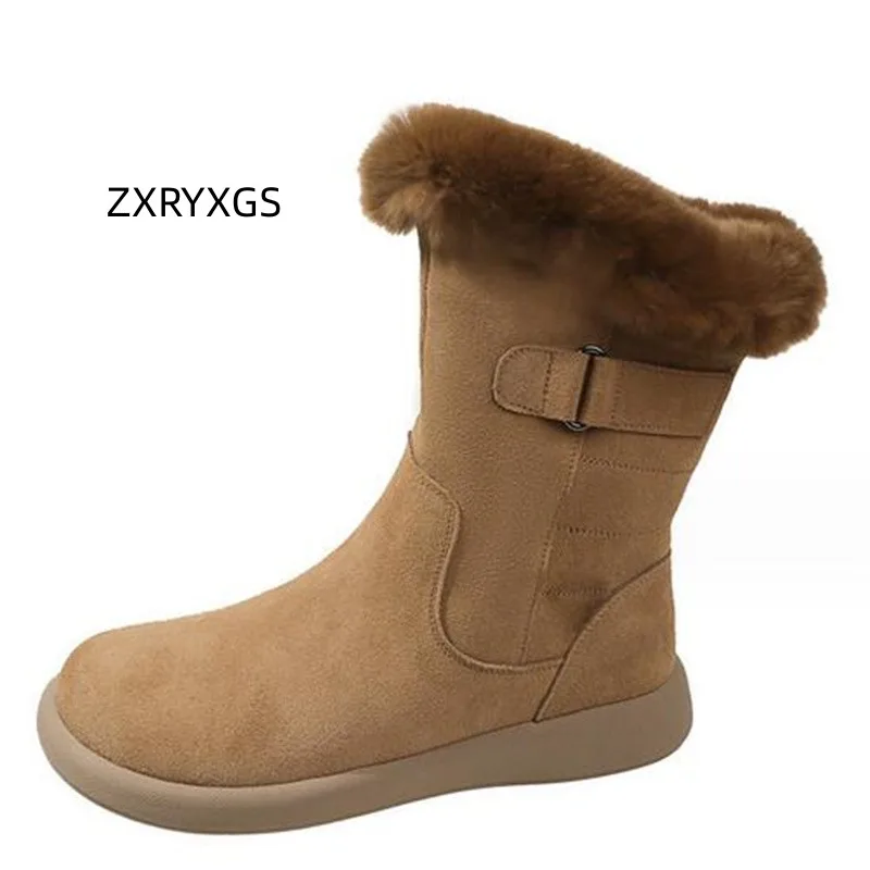 

ZXRYXGS Rabbit Hair Decoration Frosted Cowhide Winter Fashionable Boots Snow Shoes Flat Large Size in-tube Warm Women Boots 2024