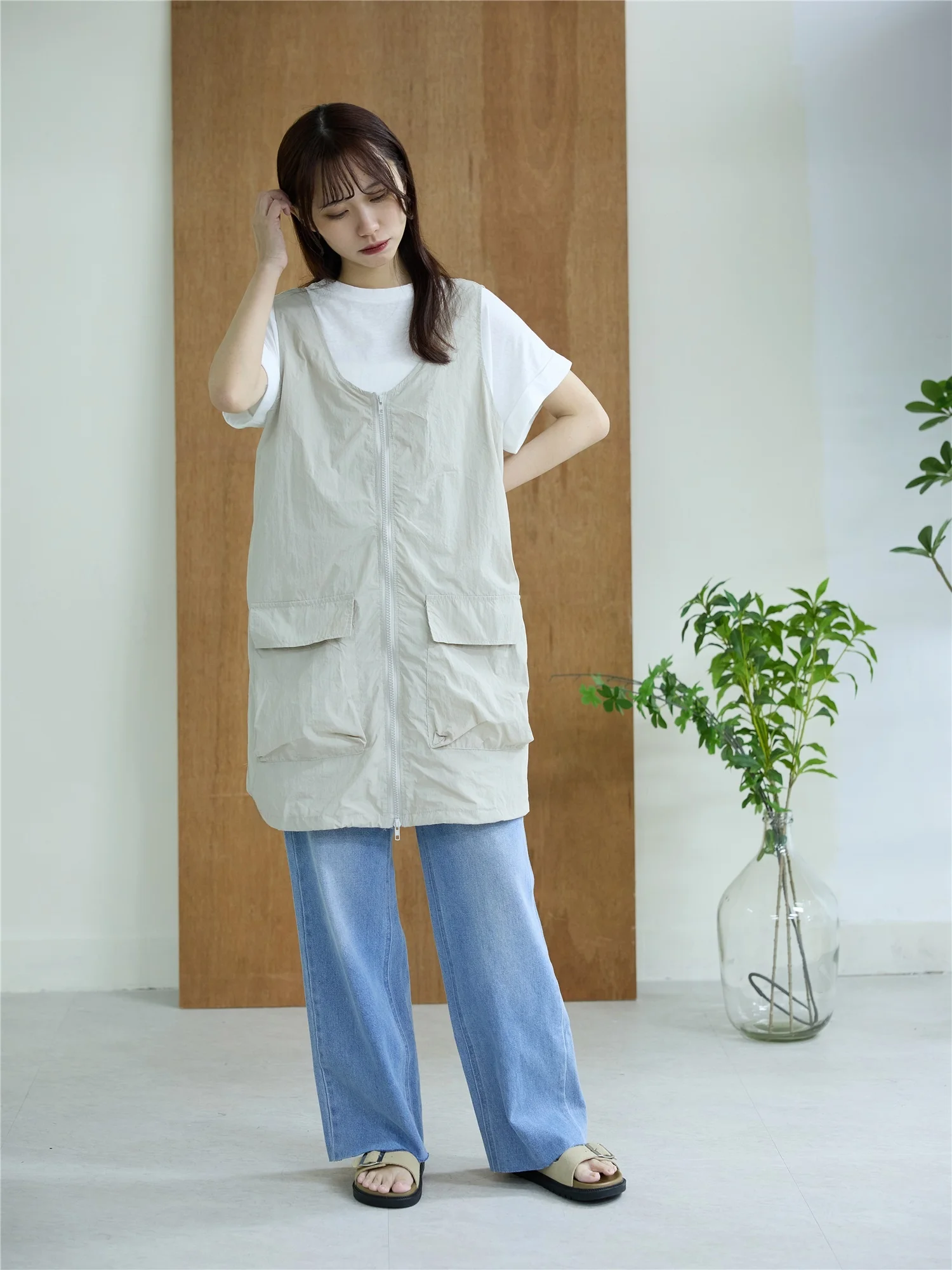 

Летний новый удлиненный жилет Annuus на молнии, легкий, дышащий, однотонный, с V-образным вырезом, средней длины, из полиэстера и хлопка, для работы