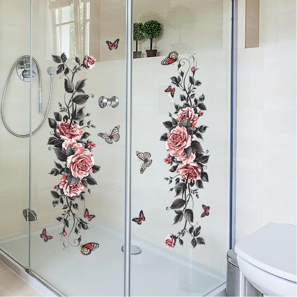 Bathroom Wall Decals Sticker, Flowers Wall Decals, Colorful Removable Floral Rose Butterfly Vine Wall Stickers for Living Room