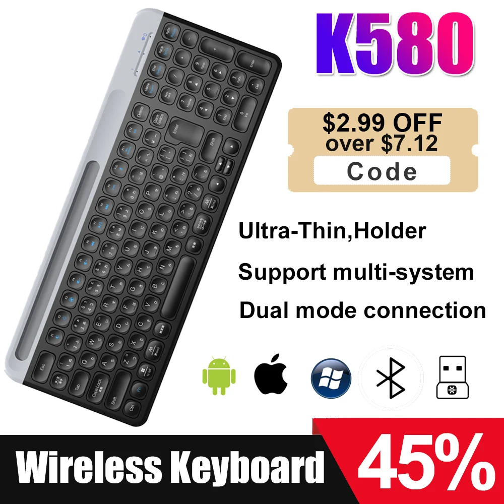 K580 2.4G Wireless Office Keyboard Black White Portable Thin Keyboard Dual Mode Multi-Device for PC Tablet Ipad Office Computer