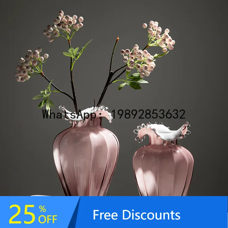

CZ Home Decor Model Room Water Drop Wave Vase Grape Pink Three-Dimensional Striped Vase Handmade Countertop Flower Arrangement
