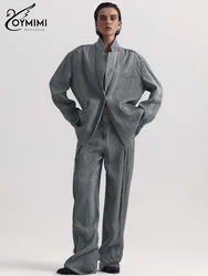 Oymimi Fashion Grey Tence Sets For Women 2 Pieces Casual Long Sleeve Pockets Single Button Shirts And Straight Trousers Sets