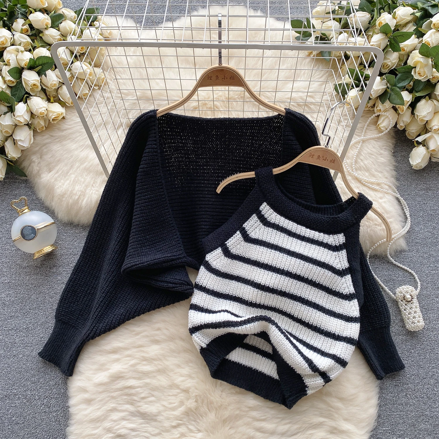 Sexy Chic Knit Two Pieces Sets Off Shoulder Sleeveless Striped Short Camis Vest Witht Loose Coat Autumn Winter Odzież damska