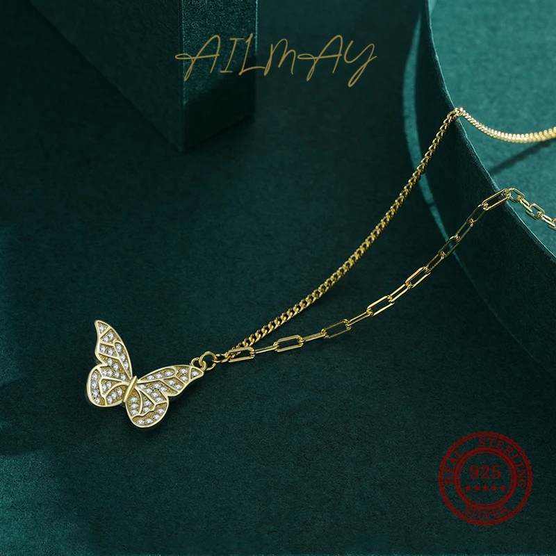 Ailmay Charm Butterfly Pendant Necklace 925 Sterling Silver Clear Zircon Necklace For Fine Female Fashion Korean Jewelry