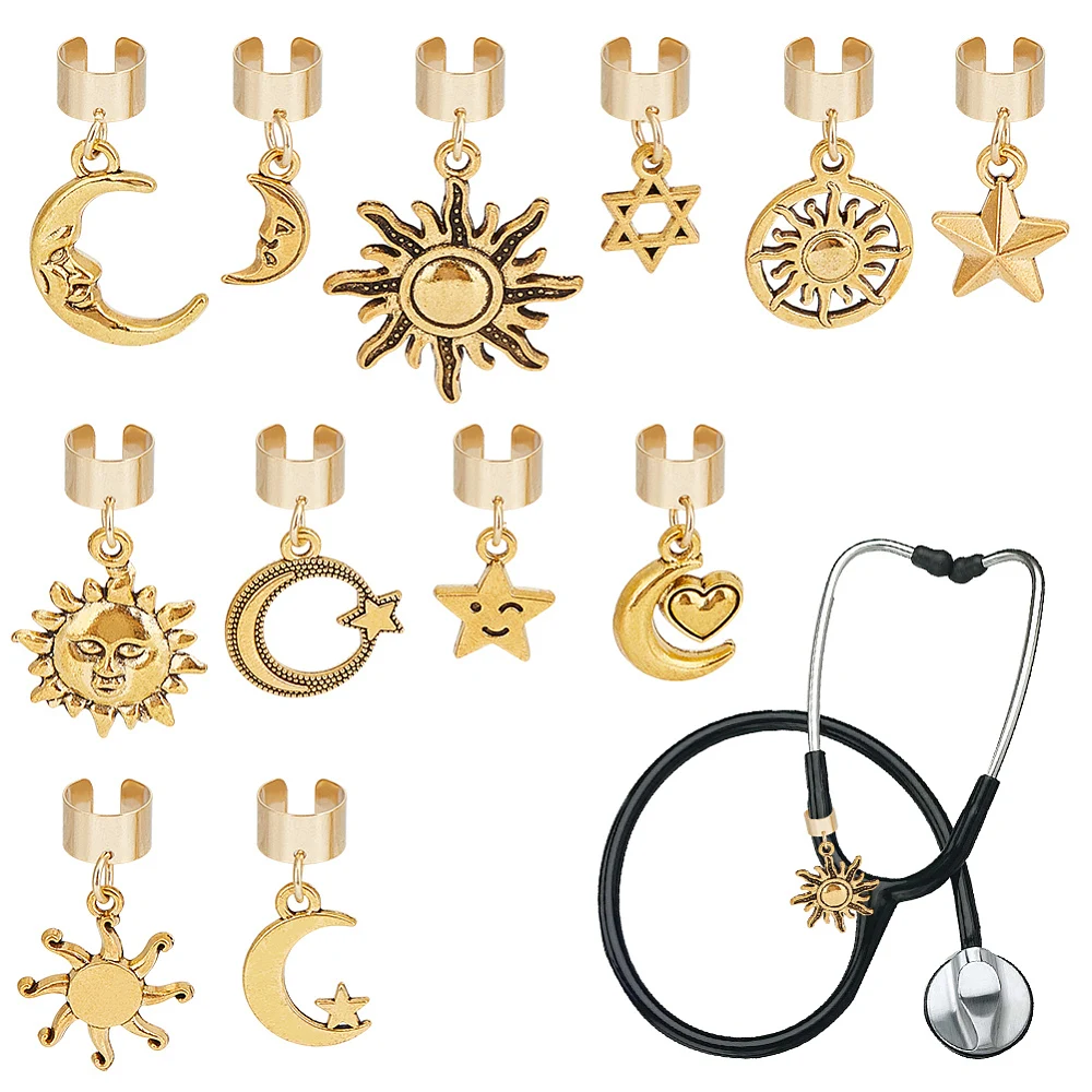 12Pcs Moon Sun Stethoscope Charms 0.5~1.1 Inch Star Stethoscopes Tag Alloy Pendant ID Name Tag Charm Stethoscope Charms