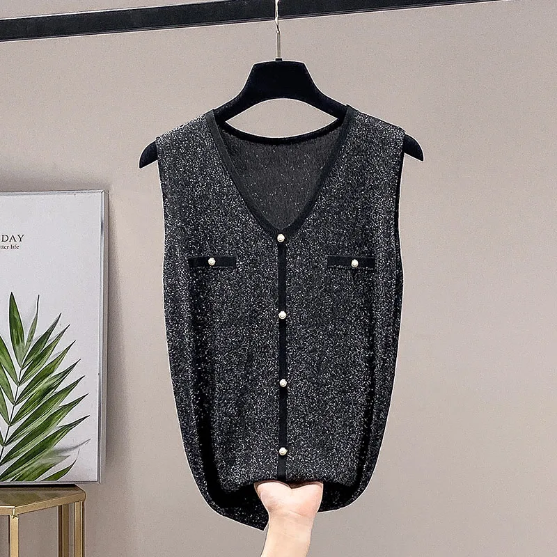 Shiny Knitted Tank Top Women Blouse V Neck Sexy Sleeveless Sweater Vest Female Slim Top Button Oversized Pullover