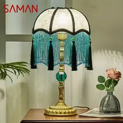 SAMAN French Table Lamp American Retro Living Room Bedroom Villa European Pastoral Creative Tassels Desk Light