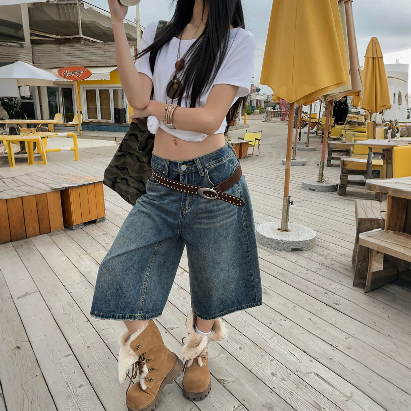 

Washed Fringed Design Wide Leg Denim Cropped Pants Versatile Casual Niche Design Straight Knee Length Pants