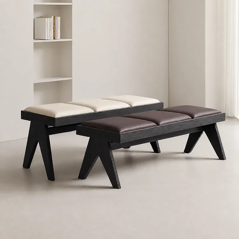 Medieval Style Solid Ash Wood Soft Upholstered Bench Dining Chair Stool Shoe Changing Seat Creative Bedroom Bedside Ottoman