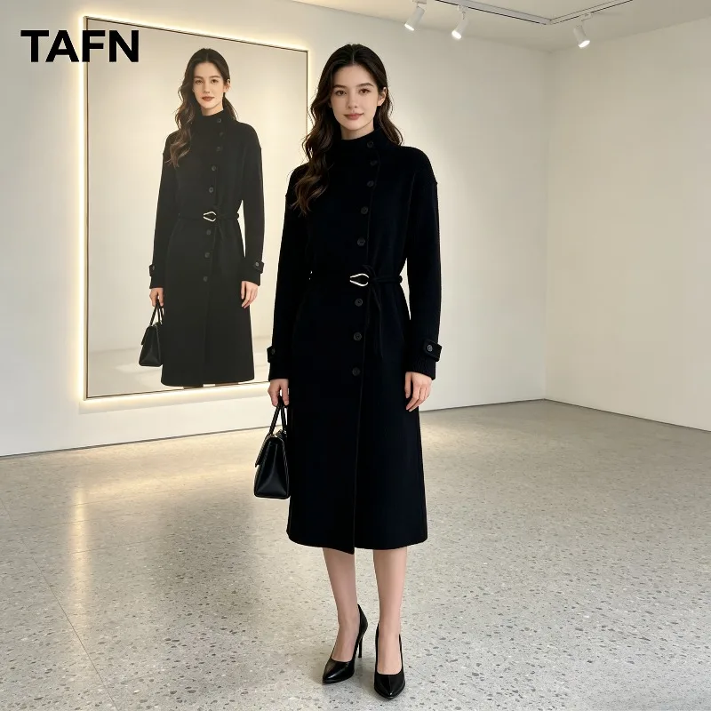 Miyake Pleated 2026 Autumn Winter New Trench Coat Pleated Simple Coat Elegant Temperament Women's Tie Stand Collar Long Coat