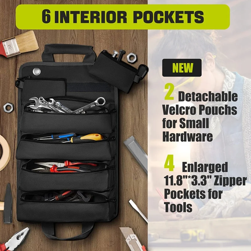 Tool Roll Up Bag, Roll Tool Organizer With 3 Detachable Pouches, Tool Roll Pouch For Mechanic/Electrician/Motorcycle