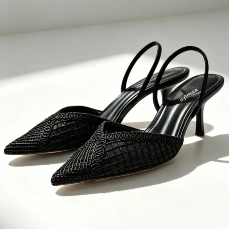 Fashion Black Hollow Mesh Woven Brand Pumps Women Comfort Pointed Toe Shallow High Heel Sandals Elegant Thin Heel Designer Shoes