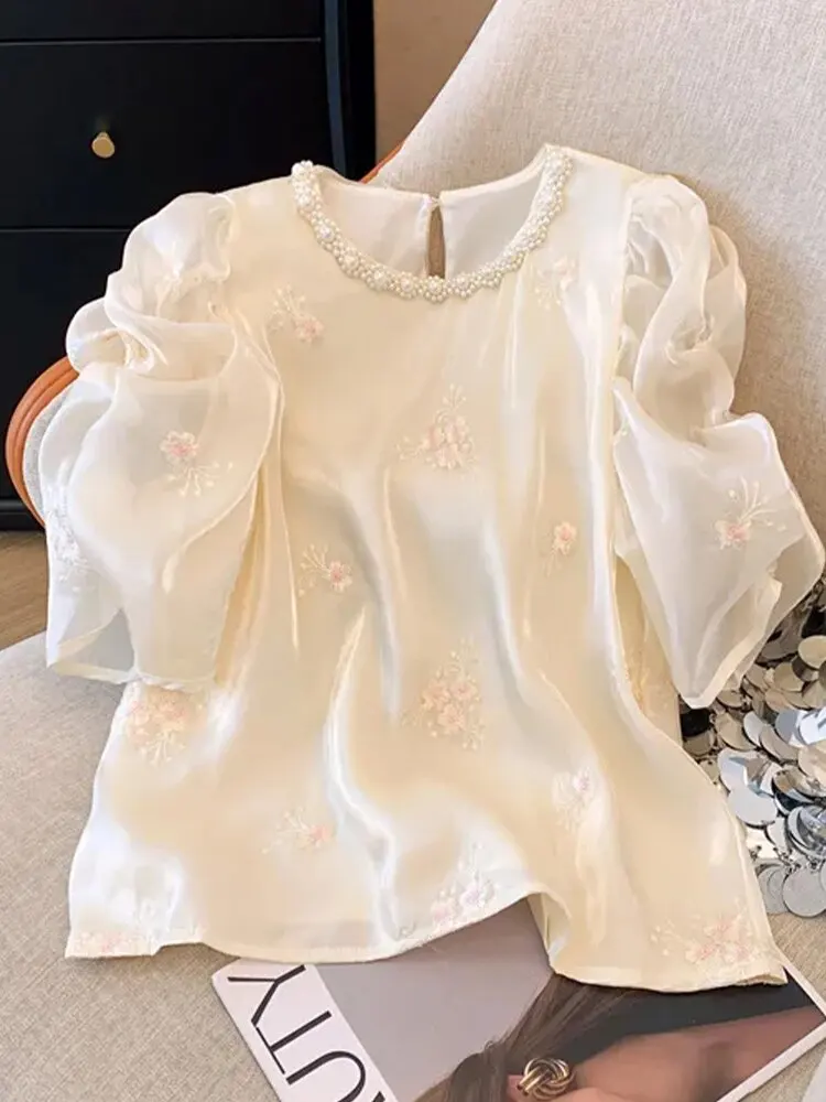 

plus Size Pearl Collar Embroidered Shirt Women Summer Loose Bubble Sleeve Top Heavy Work Commute Style Korean Version B...