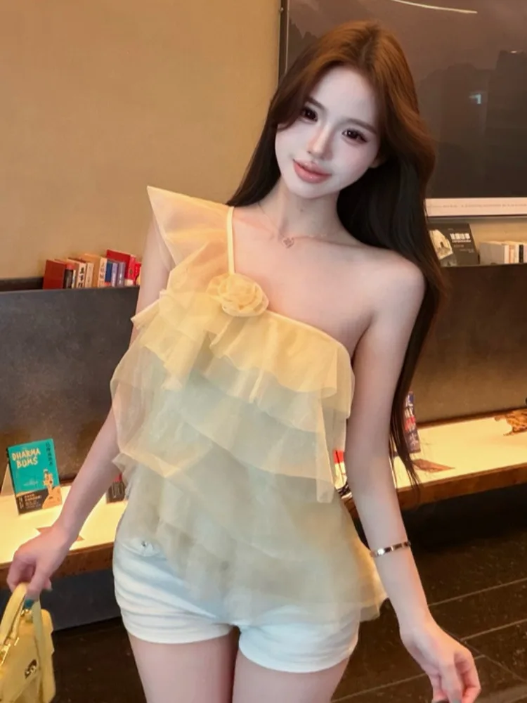 

Summer Pure Desire Multi-Layer Lace Trim Shoulder Bared Tube Top Women's Short Design Sensation Oblique Collar Strap Vest