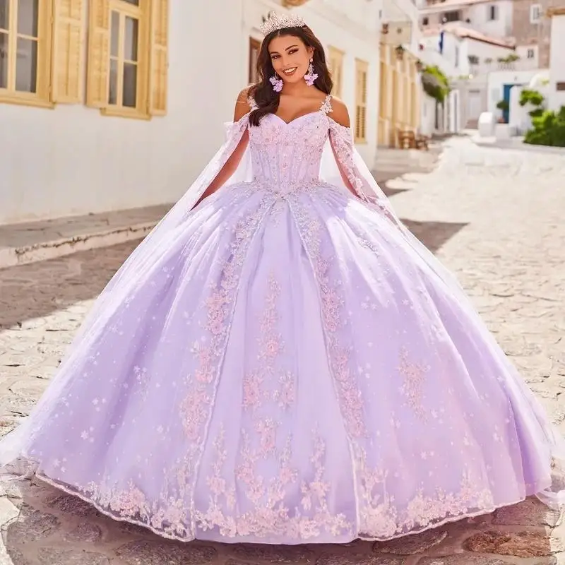 

Light Lavender Princess Quinceanera Dress Ball Gown Lace Applique Beading Tull Spaghetti Strap Corset Sweet 16 Vestido 15De Años