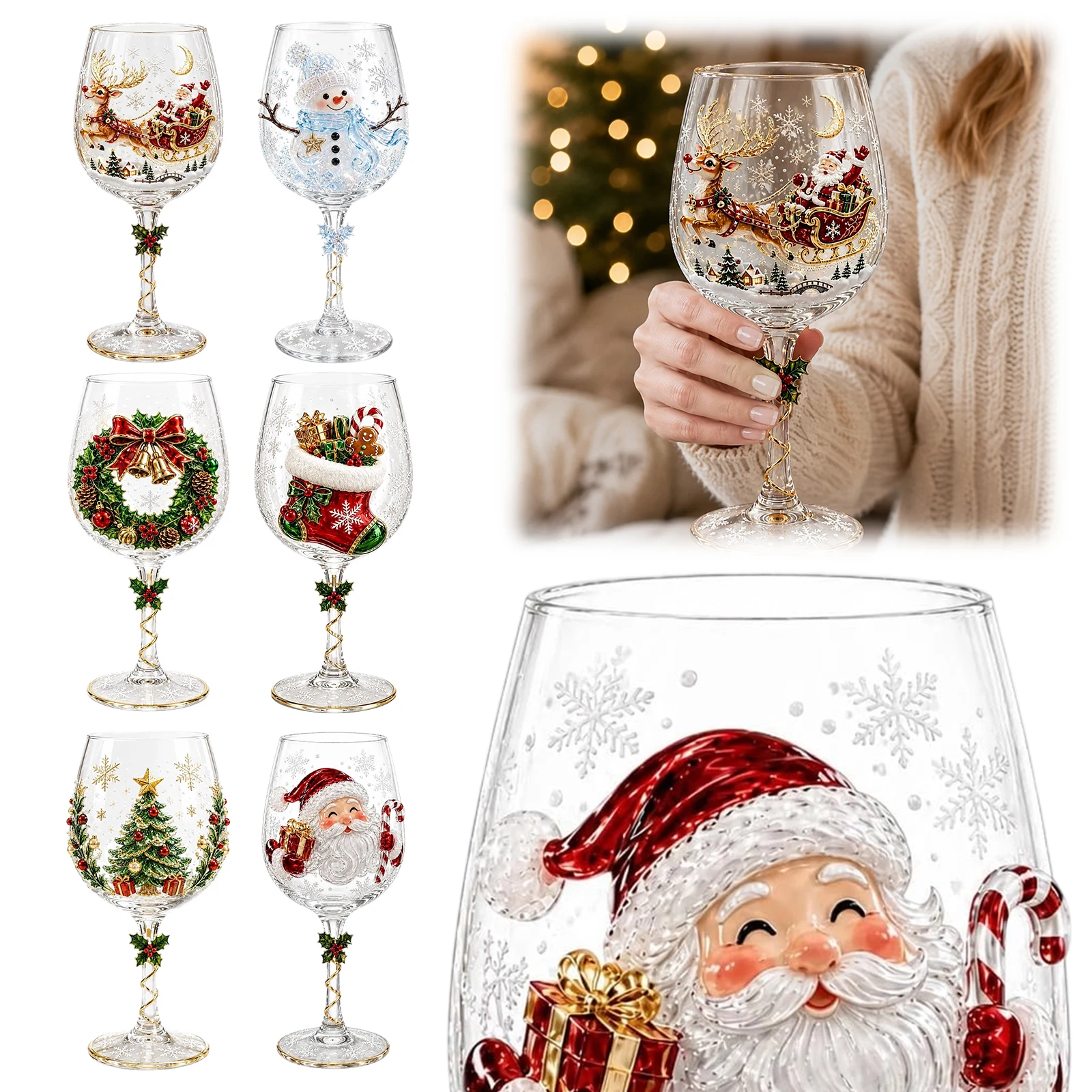 2D Holiday Art Christmas Wine Glass Santa for SNOWMAN Reindeer Clear Goblet Festive Party Drinkware