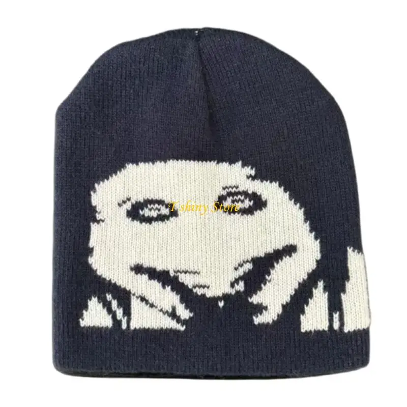 N58F Lightweight Halloween Brimless Hat with Scary-Face Pattern, Foldable Knit Pullover Hat for Costume Event and Travel