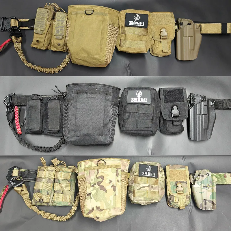 Outdoor Airsoft Tactical MOLLE Belt Set with Double Magazine Pouch, PHC Recovery Bag, Utility Pouch and Quick Draw Holster