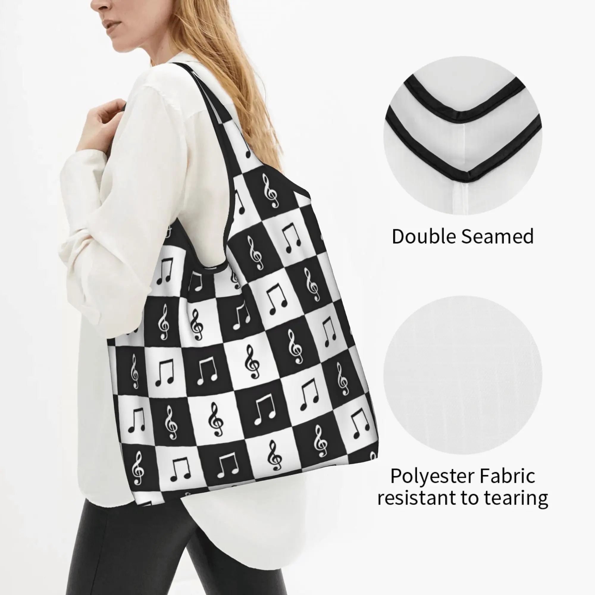 Custom Musical Check Board Shopping Bag Women Portable Big Capacity Groceries  Shopper Tote Bags