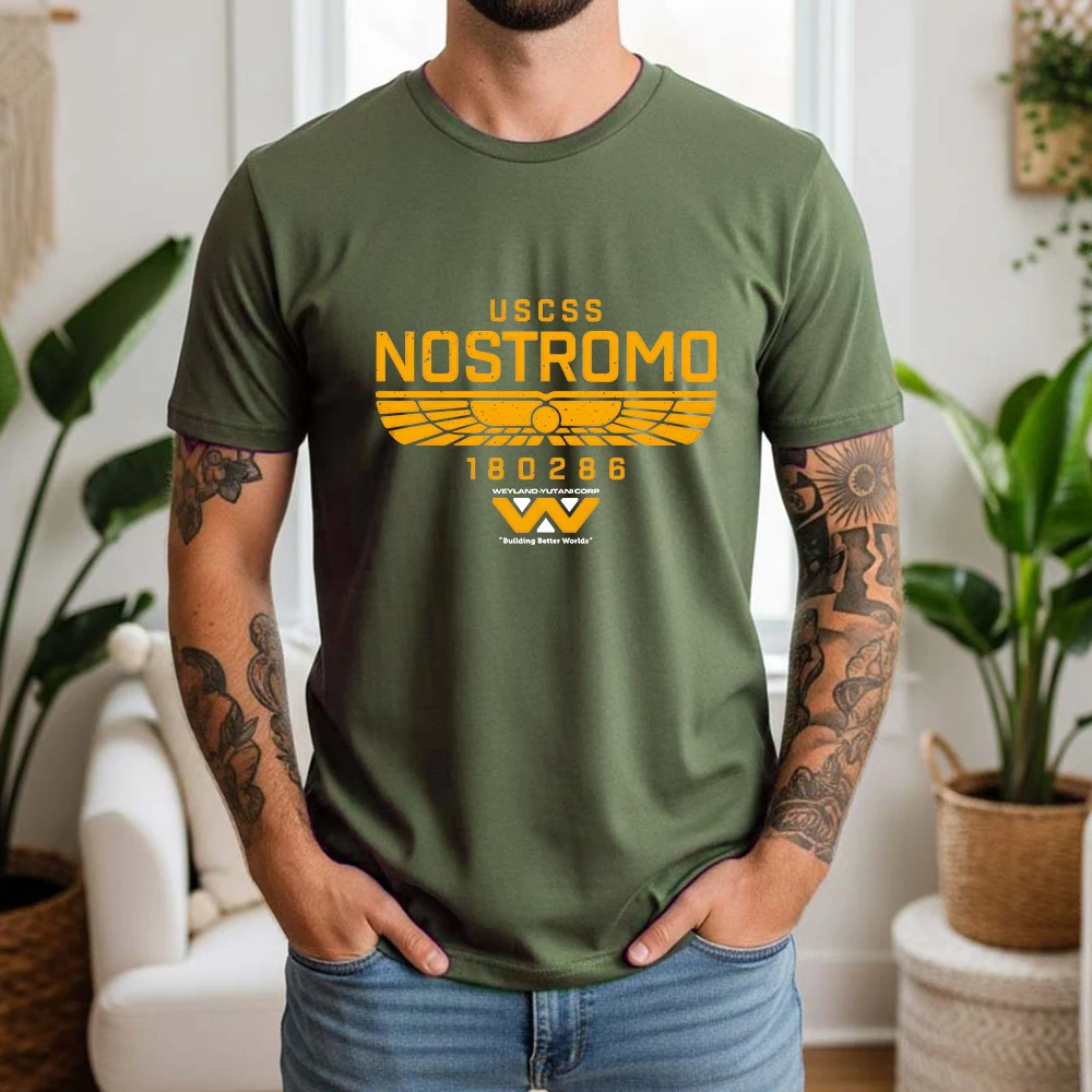 Camiseta Oversized Gráfica USCSS Nostromo 100% Algodão Verão 2026 Temática Retrô Alienígena Sci-Fi Manga Curta