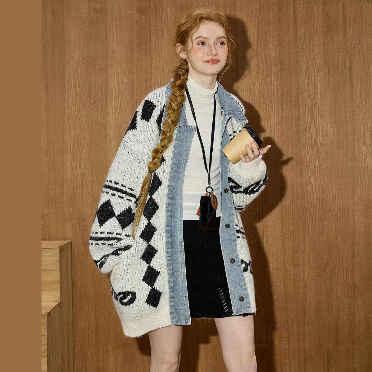 Kurtka patchworkowa z dzianiny, designerski kardigan oversize, luźny krój z obniżonymi ramionami, luksusowy damski płaszcz zimowy premium z mieszanki denimu, styl vintage.