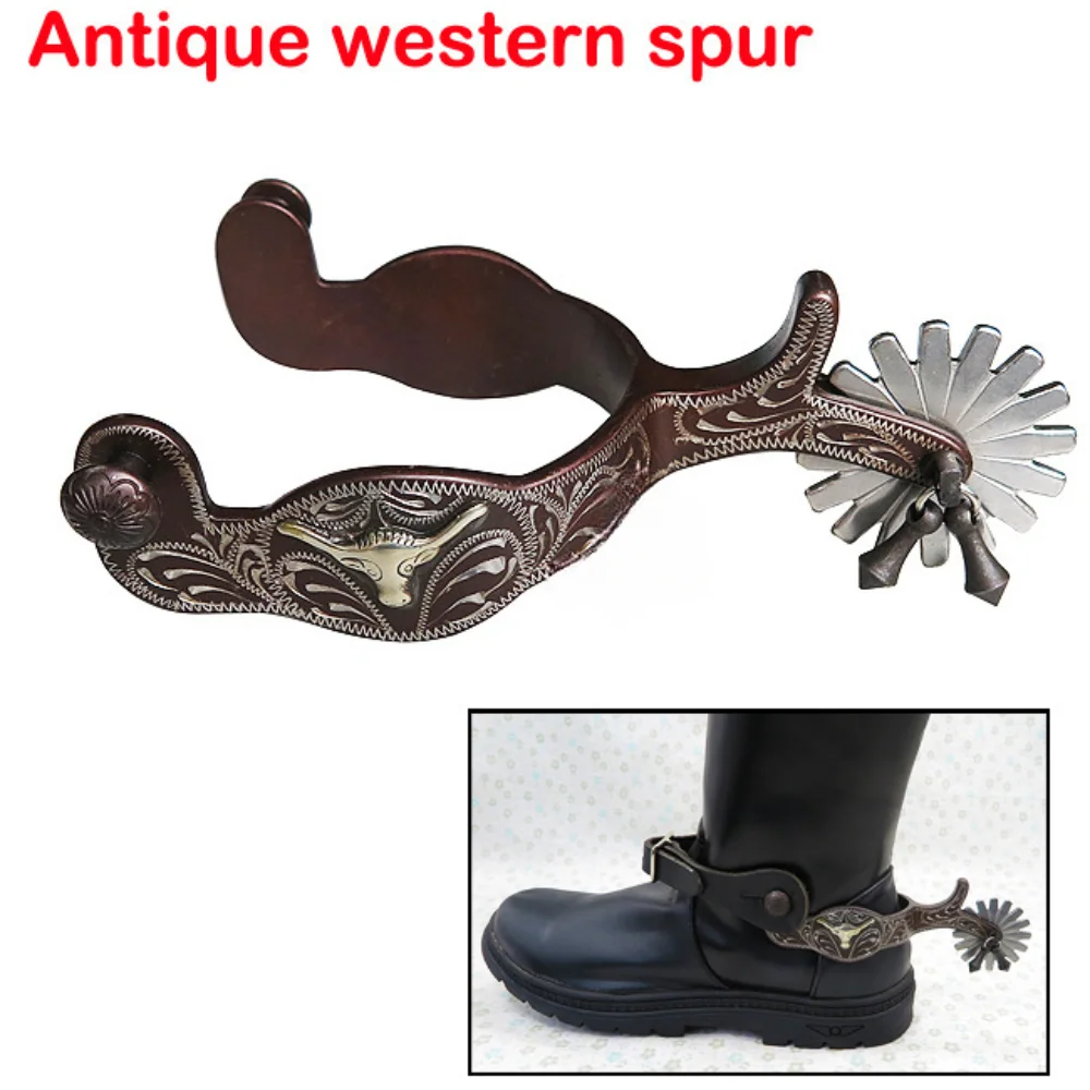 

Cowboy Horse Spurs with Hand Carved Decoraation for Boots Men and Women Antique Brown Spurs for Equestrian Training Competition