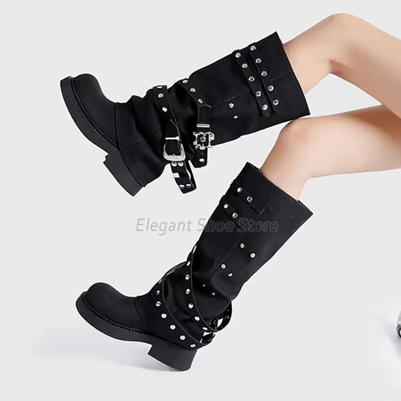 

Retro Rivet Metal Buckle Knight Boots for Women Black Thick Soled Round Toe Knee High Boots Punk Style Round Toe Leather Shoes