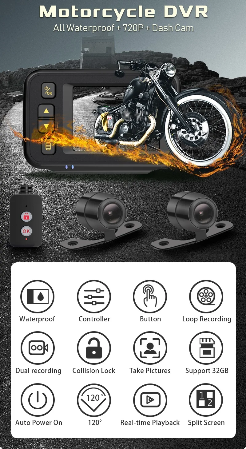 

2.0 Pollici 720P HD Moto Dual-lente Guida Registratore Di Visione Notturna Di Registstv Della Fotografica Moto DVR