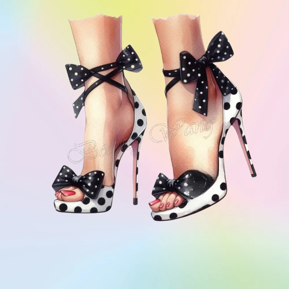 Black White Peep Toe Pumps Bow Knot Polka Dots Shoes Stilettos Heel High Heel Shoes for Women Shoes 2025 Zapatos Para Mujere