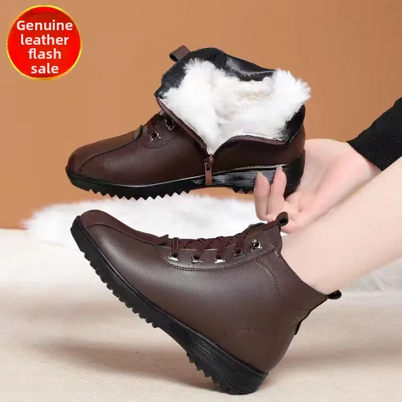 Warm Boots Women's Genuine Leather Snow Boots Anti-slip Winter Boots Middle-Aged And ly Cotton oes ort Boots