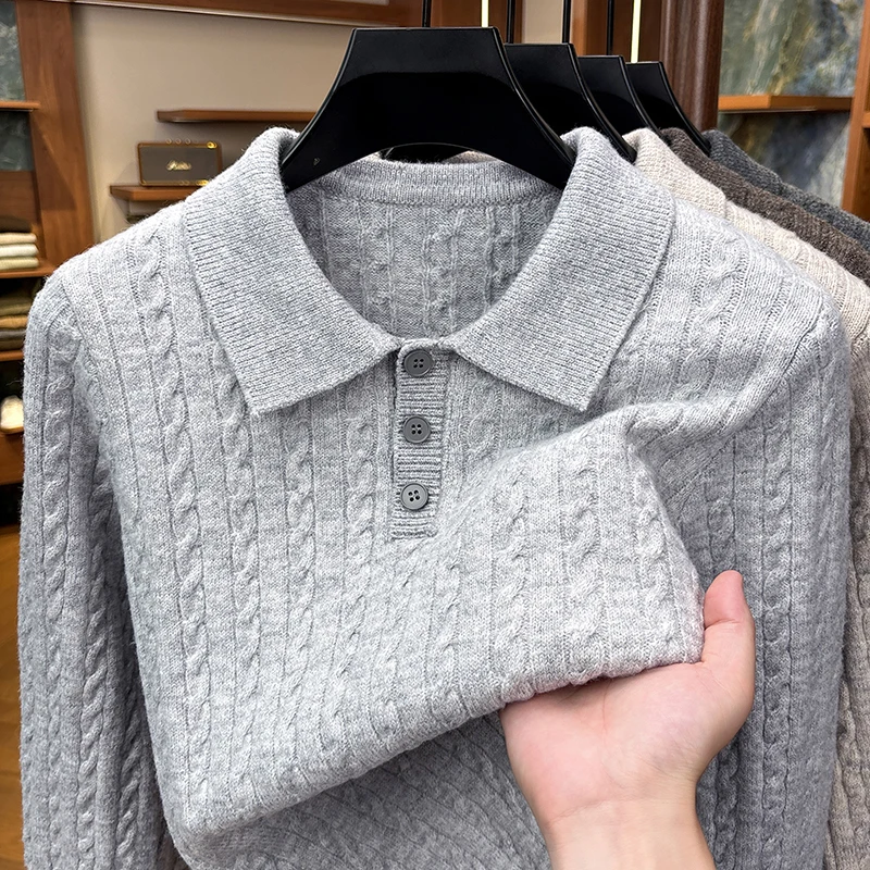 Light Mature Style Men's Fried Dough Twists Pattern Long Sleeve Sweater Autumn and Winter New Lapel Sweater Men's Casual Top