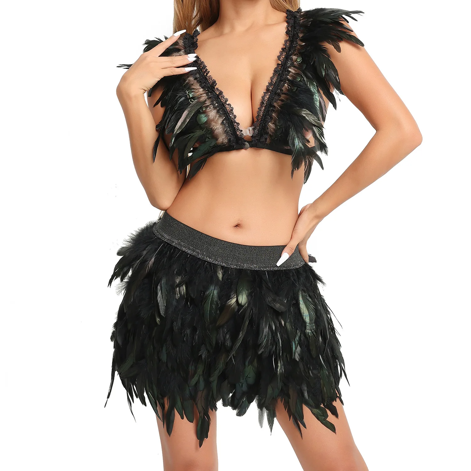 

Sexy Black Feather Crop Top Mini Skirt Set Women Nightclub Party Gogo Dancer Outfit Carnival Festival Stage Show Clothes Rave