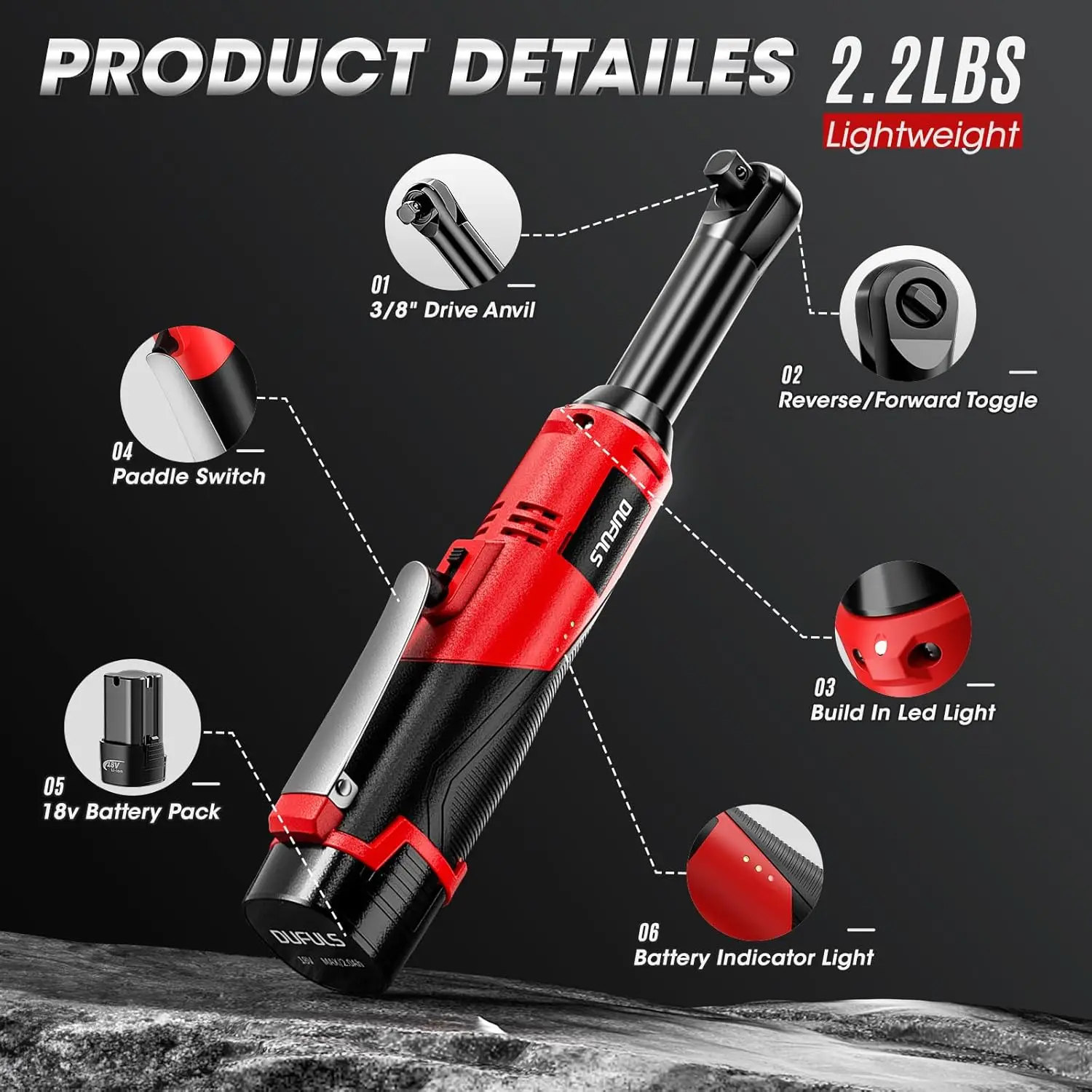 3/8' 18V 무선 라쳇 렌치, 550RPM, 40 Ft-Lbs, 4인치 전동 라쳇, 2x 2000mAh 배터리 및 충전기 포함, 8개 소켓 포함