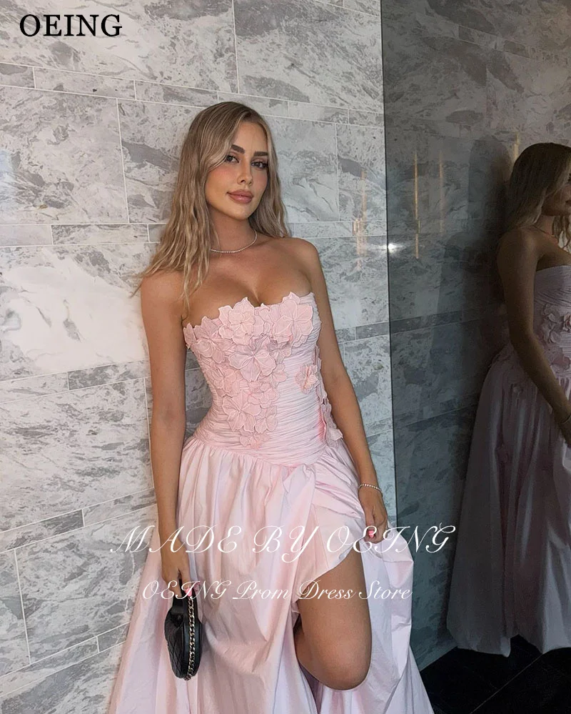 OEING Light Pink A-Line Prom Dresses Strapless Appliques Party Gowns Pleats Ankle-Length Evening Dress 2025 Customized image 3