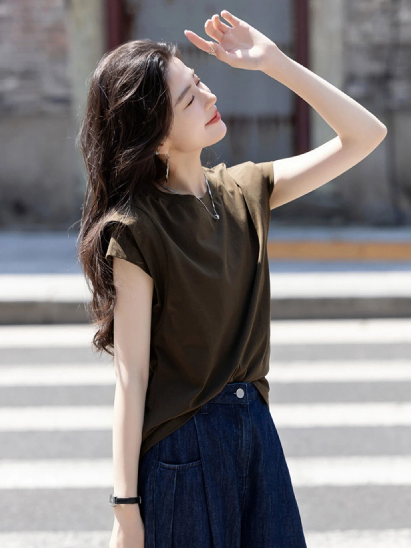 

Европейский элитный бренд: Корейская летняя женская футболка-топ из чистого хлопка, двухслойная, маленького размера