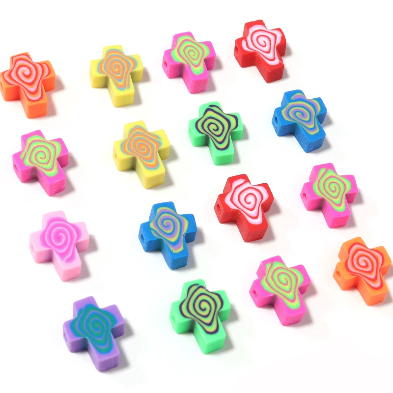 Soft Pottery Beads para DIY Jóias, Cruz Padrão Forma, Cor Misturada, pulseira artesanal, Colar Acessórios, 20PCs