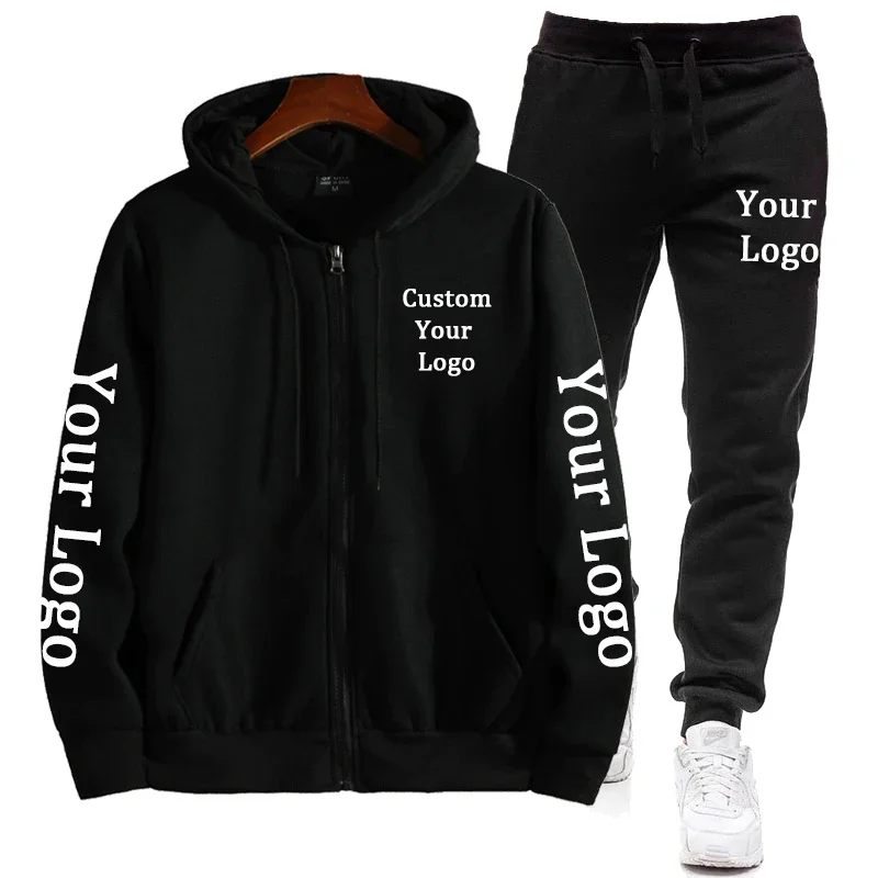 Custom Your Logo Zip Up Hoodies Pants 2Pcs/Sets Casual Sweatshirt Sweatpants Male Personalized Tops Trousers Zipper Sportswear