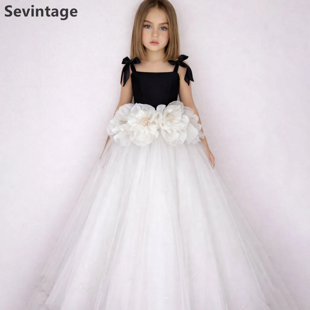 Sevintage Flower Girl Dress Square Neck Princess Ball Gown Oversized Floral Waistband Satin Bodice Celebrity Birthday Customized