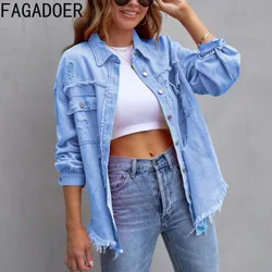 FAGADOER Fashion Hole Denim Shirts Women Turndown Collar Long Sleeve Pocket Loose Tops Casual Solid Color Button Coats 2024 New