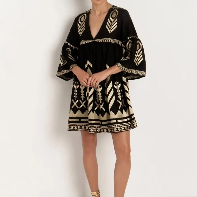 Abito stampato stile Boho alla moda Abito casual con scollo a V Manica a foglia di loto Abito ampio Primavera e autunno Nuovi abiti da donna per le vacanze