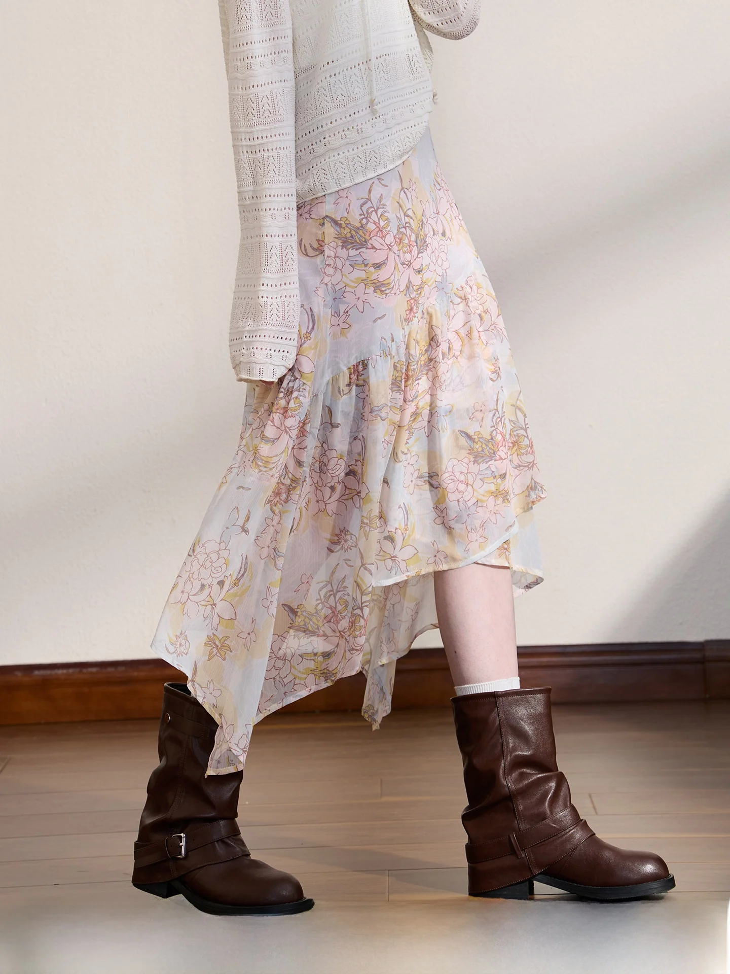 Romantic Asymmetrical Hem Skirt Draping Water Wave Half-length Feminine A-line Silhouette Polyester Fiber Standard Fit Skirt