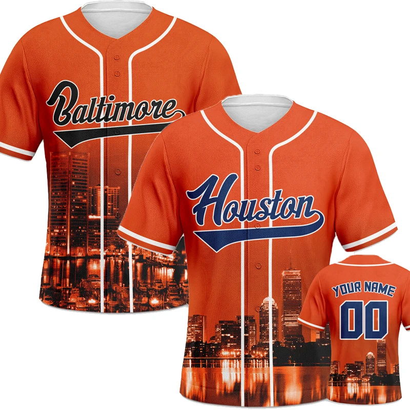 Orange Custom Men Baseball Jerseys Personalized Featuring City Night View Sublimation Blanks Design Tshirt Sportwear Clothing