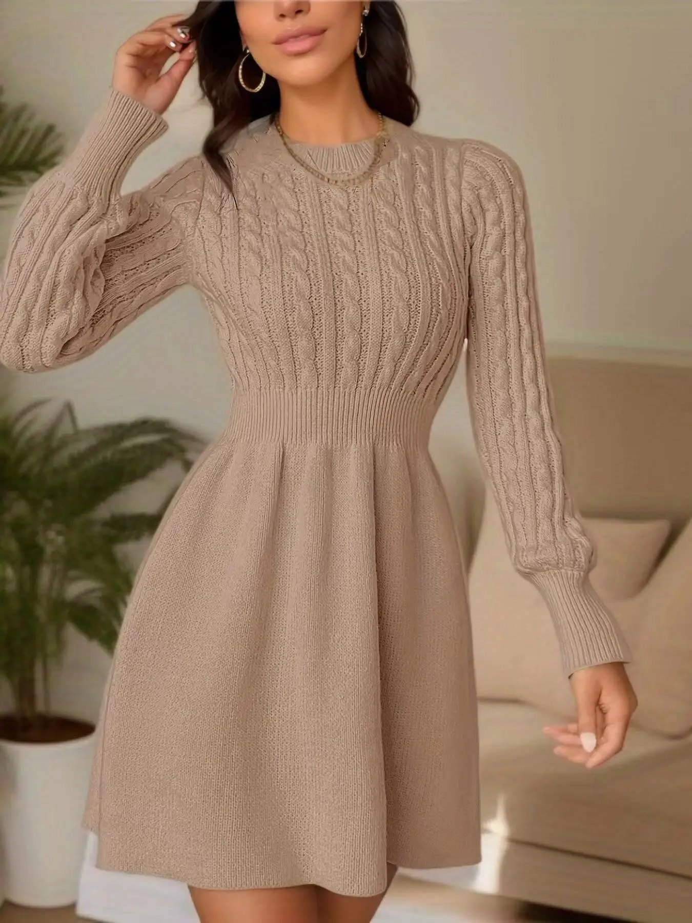 Solid Cable Knit Sweater Dress, Casual Crew Neck Long Sleeve Dress, Women\'s Clothing