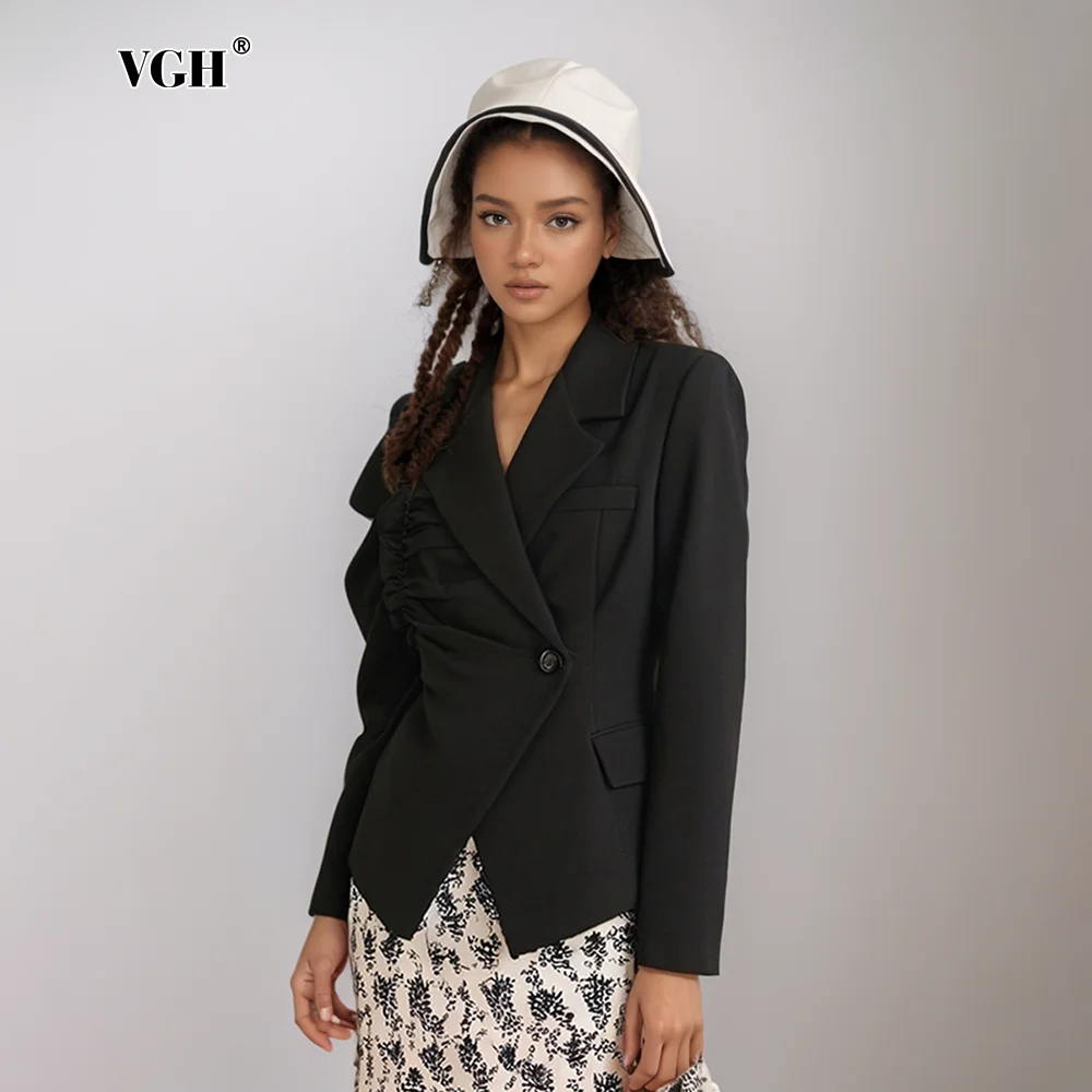 VGH  Irregular Solid Spliced Ruffles Elegant Blazer For Women Notched Collar Long Sleeve Spliced Button Slimming Blazer Female