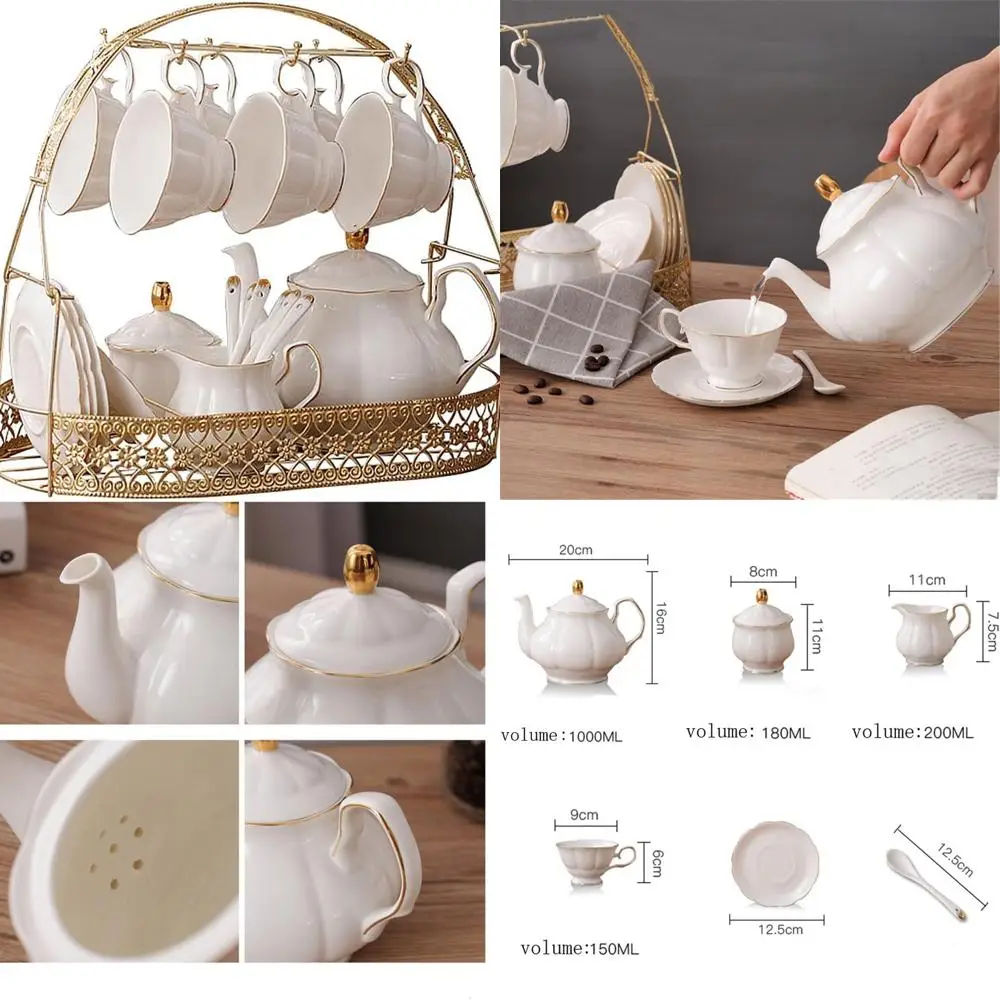 

15-Piece White Bone China English Tea Set with Ceramic Pot, Cups, and Matching Spoons for Afternoon Tea or Coffee Service