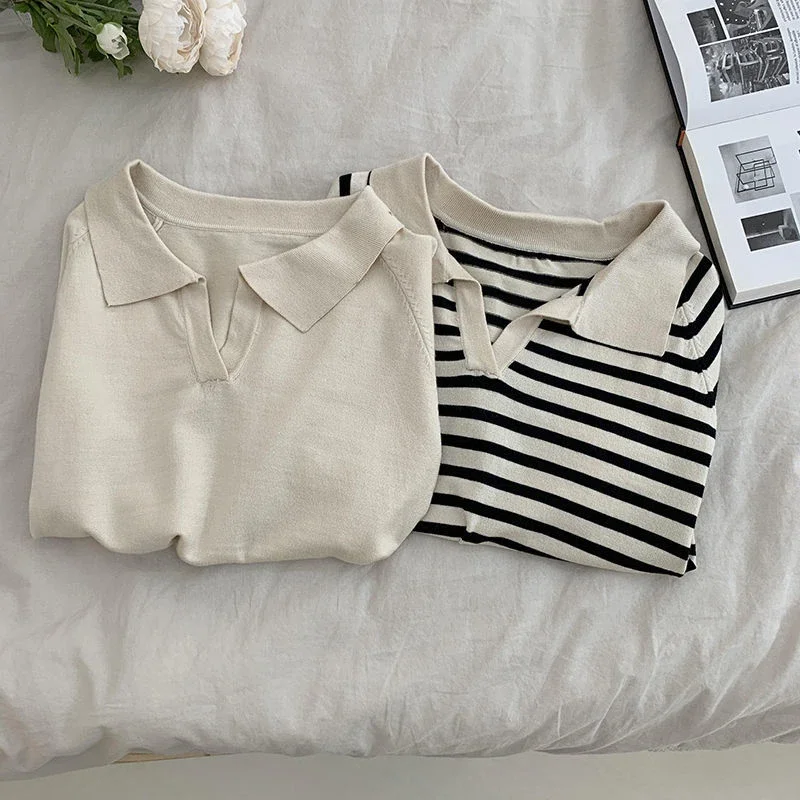 Women Sweater Striped Polo Collar Sweater Simple Lapel Soft Slim Fit Summer Short Sleeve Jumper Knitted Sweater Oversized