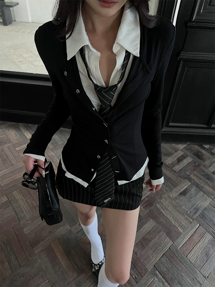 

HYTEMOLY Metal Resin Button Double Button Front Bla White Color Blo Slim Fit Knitted Base irt Casual Sle Ci Walk So...