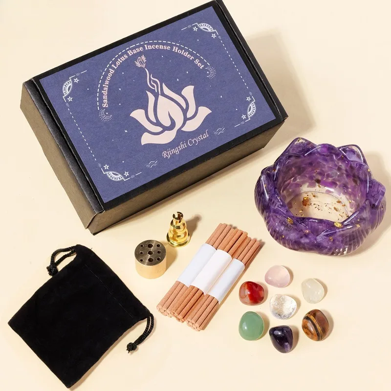 ​​​​​​​Natural Amethyst Crystal Chip Lotus Bowl Set Incense Holder for Meditation Yoga Aromatherapy and Energy Cleansing