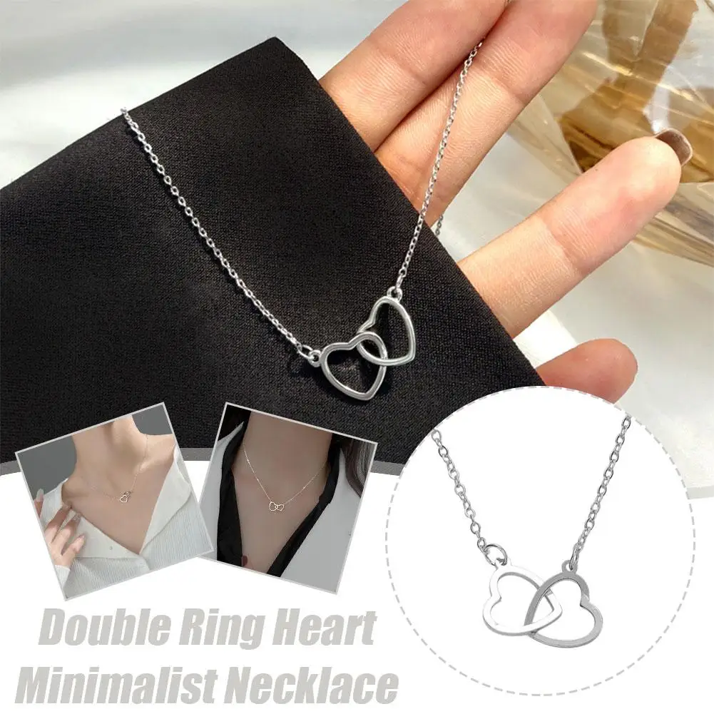 Silver Double Heart New Simple Necklace Female Clavicle Gift Sense Female Necklace Niche Jewelry Design M0R0