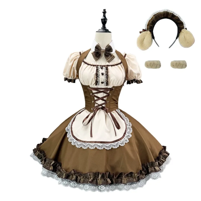 New Anime Maid Cosplay Costume Cute Kawaii Dog Lolita Bubble Sleeve Dress Set Women Halloween Carnival Party Outfit for Women - view 6